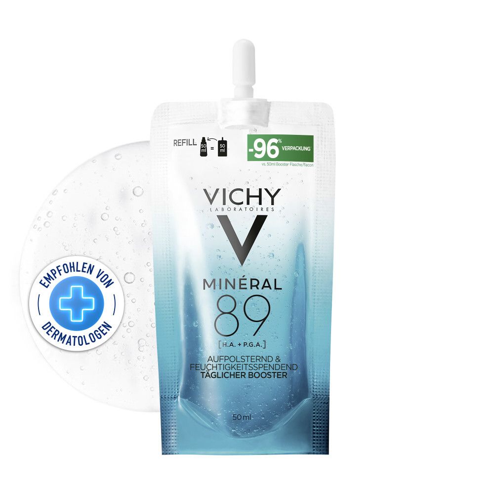 Pochette de recharge Vichy Mineral 89 à l'acide hyaluronique. Recommandé par les dermatologues.