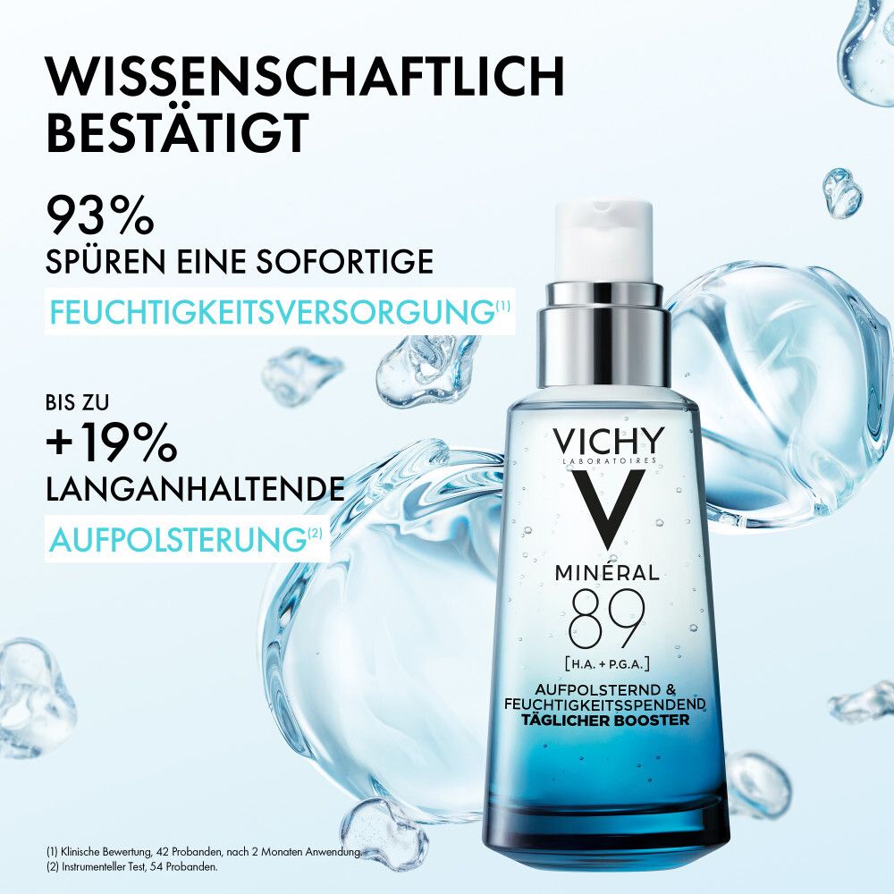 Booster Vichy Mineral 89 à l'acide hyaluronique. Scientifiquement prouvé pour une hydratation immédiate.