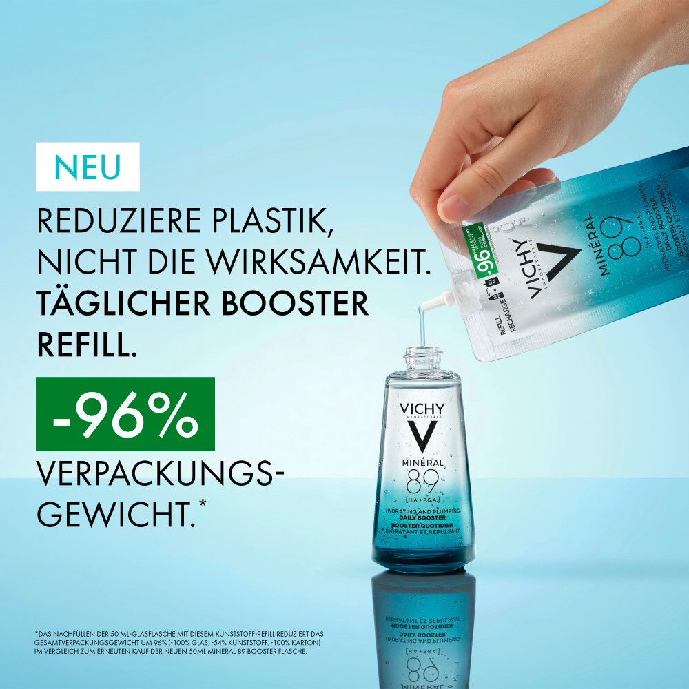 Recharge du booster Vichy Minéral 89 pour réduire le poids de l'emballage.