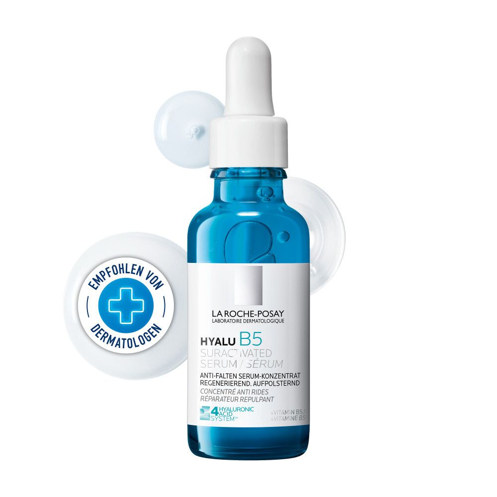 Blaues Serumfläschchen mit weißem Deckel und Pipette. Aufschrift: Hyalu B5 Serum. Empfohlen von Dermatologen.