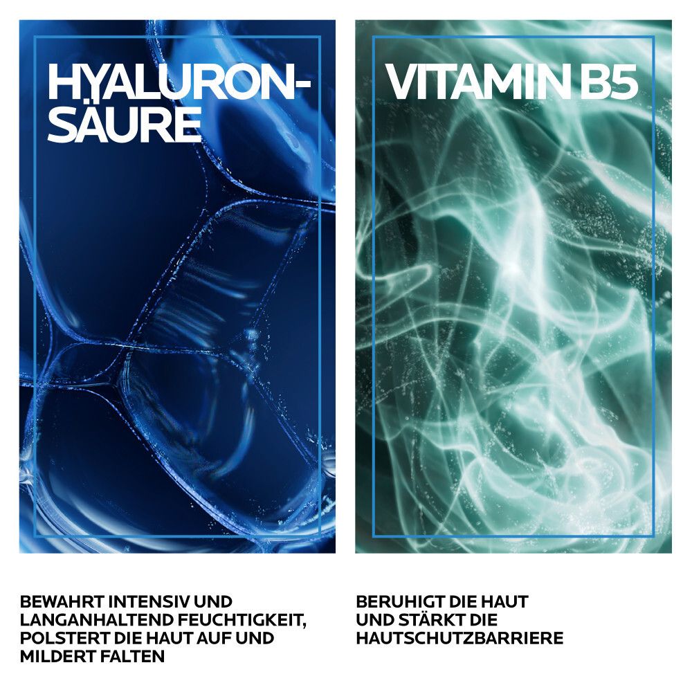 Zwei Textfelder: Hyaluronsäure und Vitamin B5. Beschreibungen: bewahrt Feuchtigkeit, polstert auf, mildert Falten.