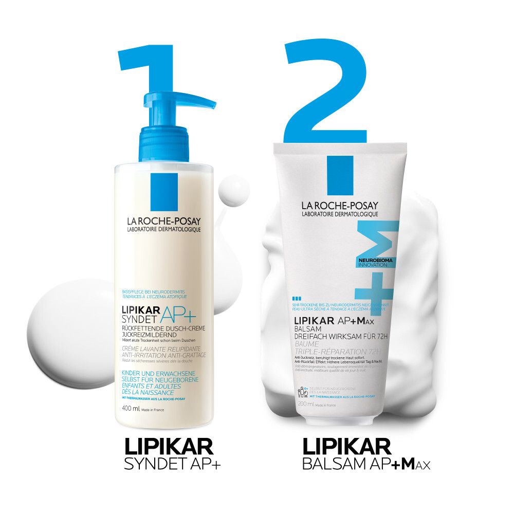 La Roche-Posay Lipikar Syndet AP+ und Lipikar Balsam AP+M. Zwei Produkte nebeneinander. Beide mit blauen Akzenten.