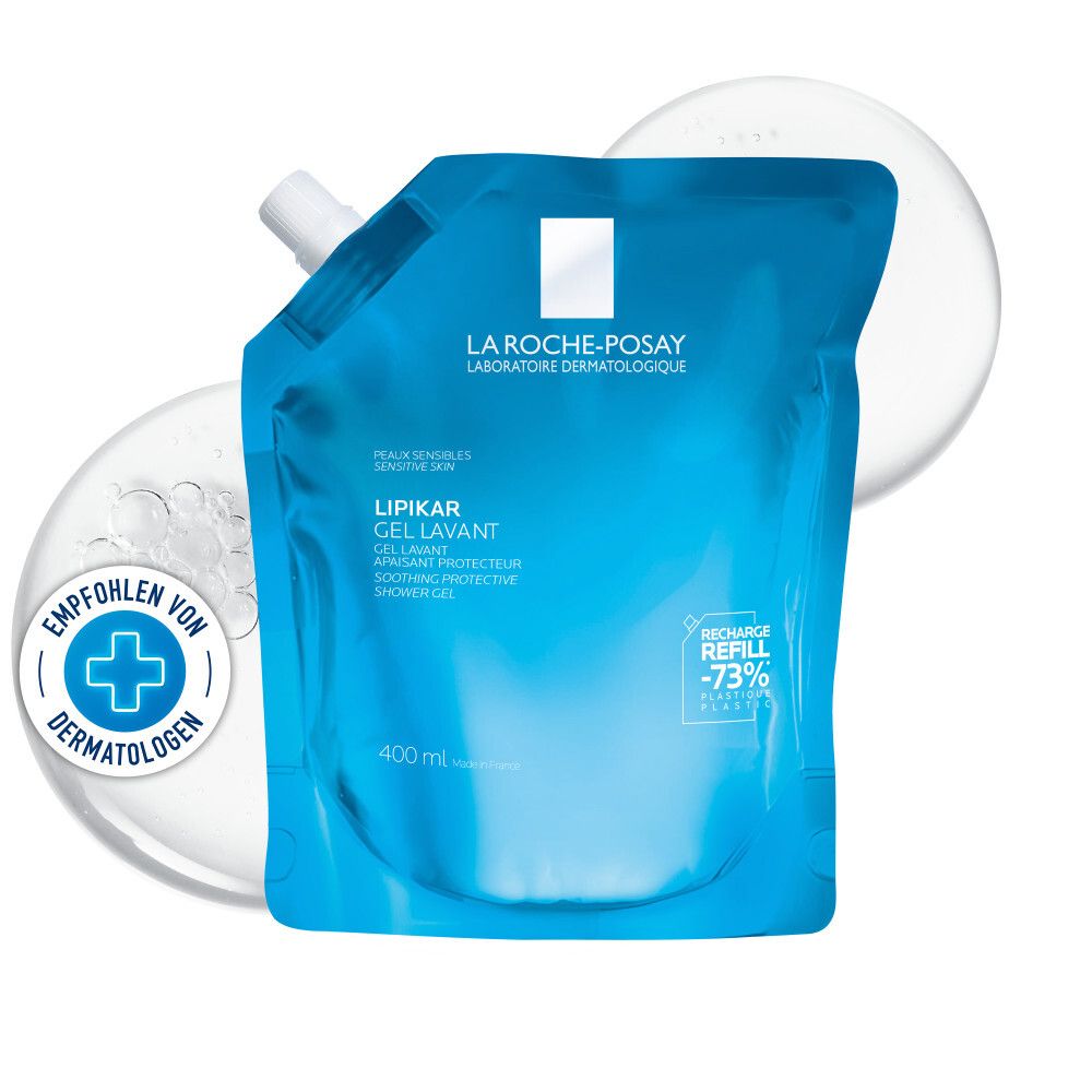 Recharge bleue La Roche-Posay Lipikar Gel Lavant. Recommandé par les dermatologues. Liquide transparent en arrière-plan.