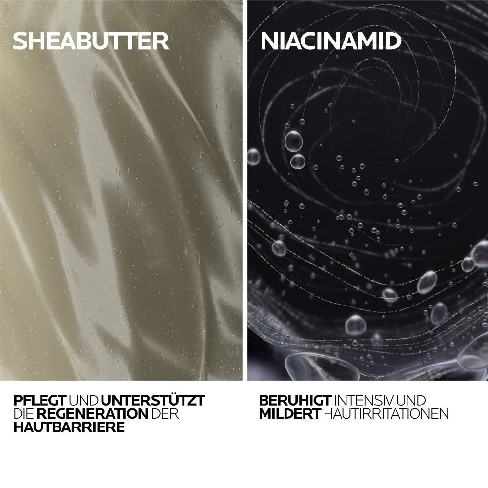 Gros plan sur beurre de karité et niacinamide. Texte: Nourrit et soutient la barrière cutanée. Apaise et réduit les irritations.
