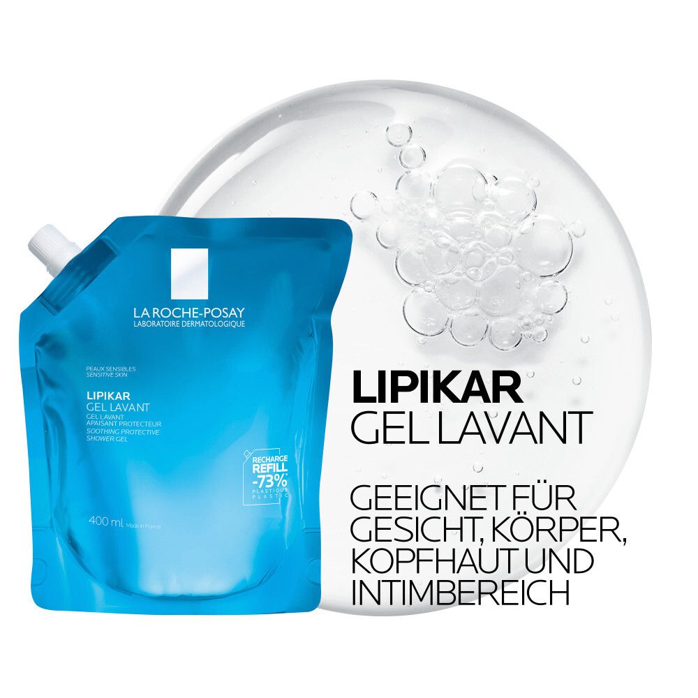 Recharge bleue La Roche-Posay Lipikar Gel Lavant. Convient pour le visage, le corps, le cuir chevelu et les zones intimes. Liquide transparent.