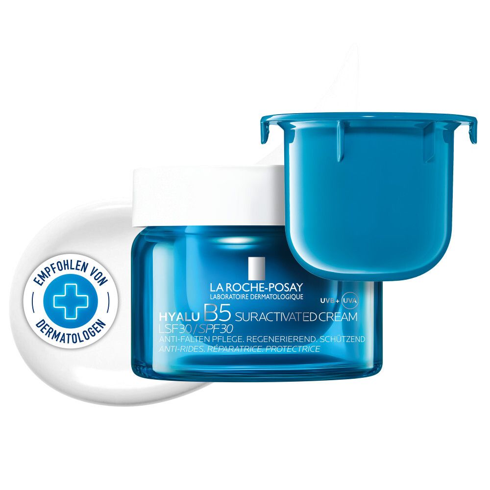 Pot bleu avec couvercle et recharge. Texte: La Roche-Posay Hyalu B5 Suractivated Cream LSF 30.  Logo dermatologue.