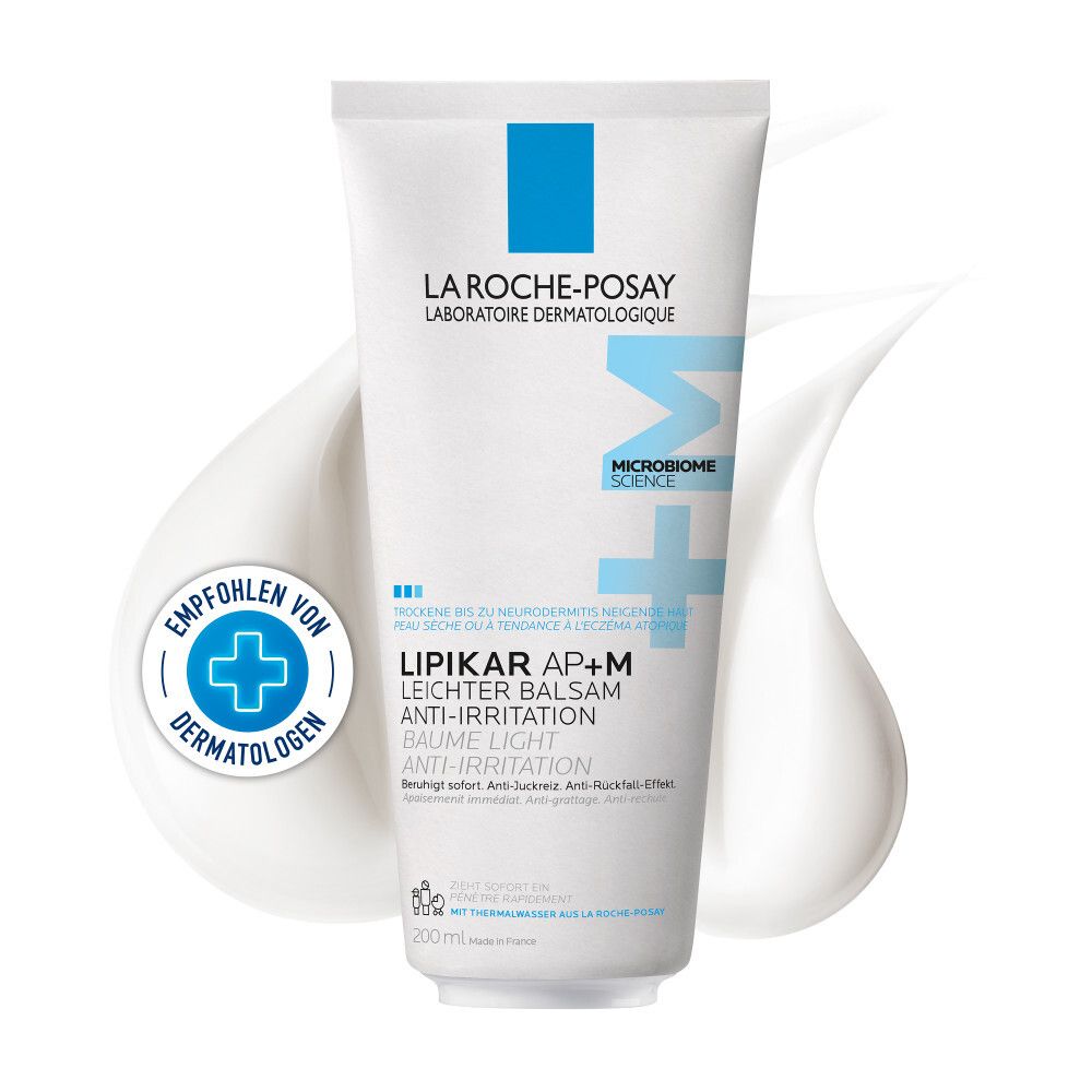 Tube de La Roche-Posay Lipikar Leichter Balsam AP+M. Blanche, logo bleu. Recommandé par les dermatologues. 200ml.