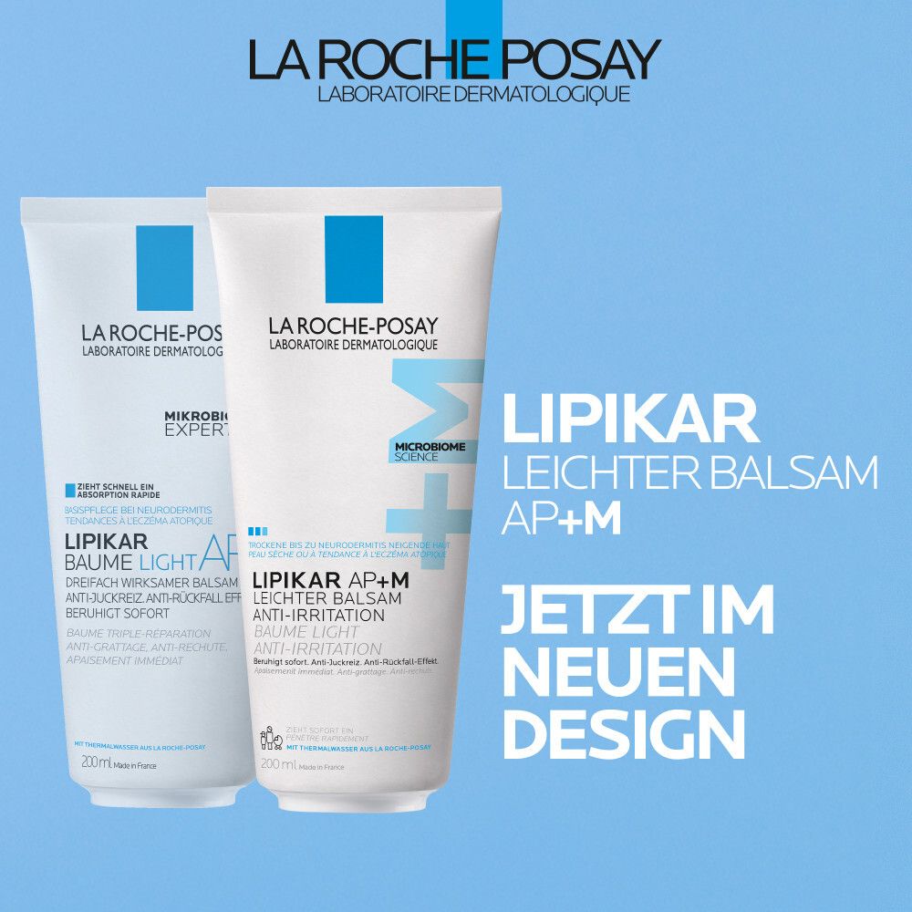 Deux tubes de La Roche-Posay Lipikar Leichter Balsam AP+M. Blanc, logo bleu. Texte : Maintenant dans un nouveau design.