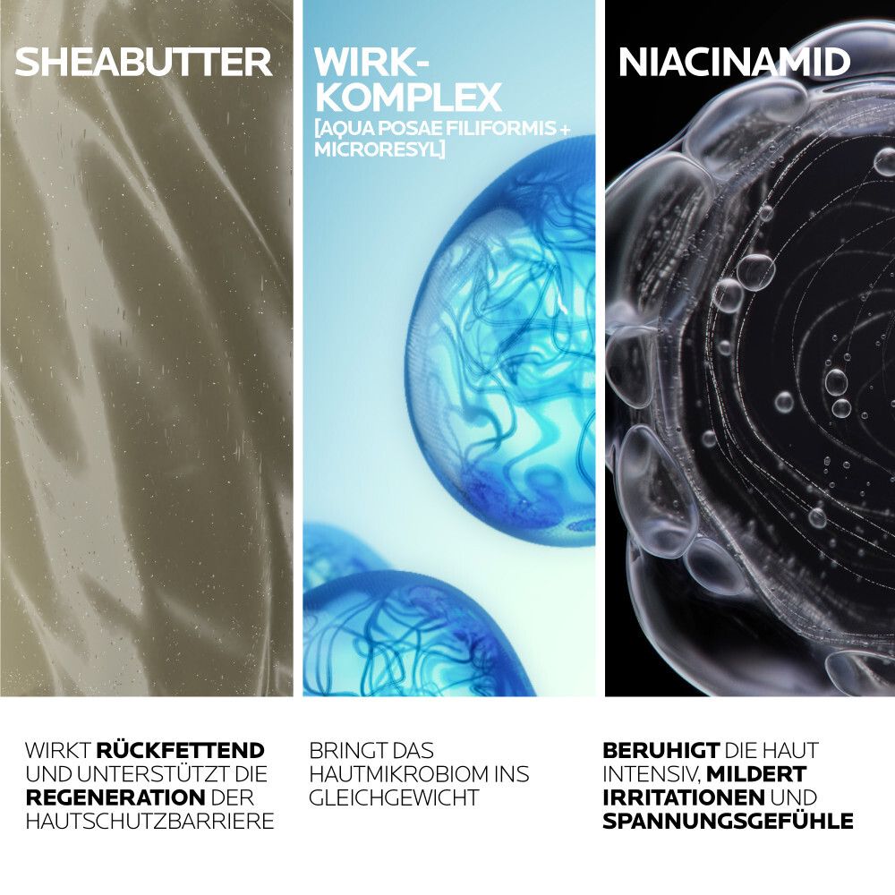 Trois images d'ingrédients : Beurre de karité, complexe actif, niacinamide. Texte : Relipidant, microbiome cutané, apaise.