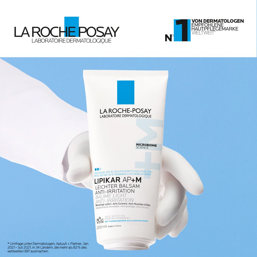 Tube La Roche-Posay Lipikar Leichter Balsam AP+M. Blanc, logo bleu. Recommandé par les dermatologues. 200ml.