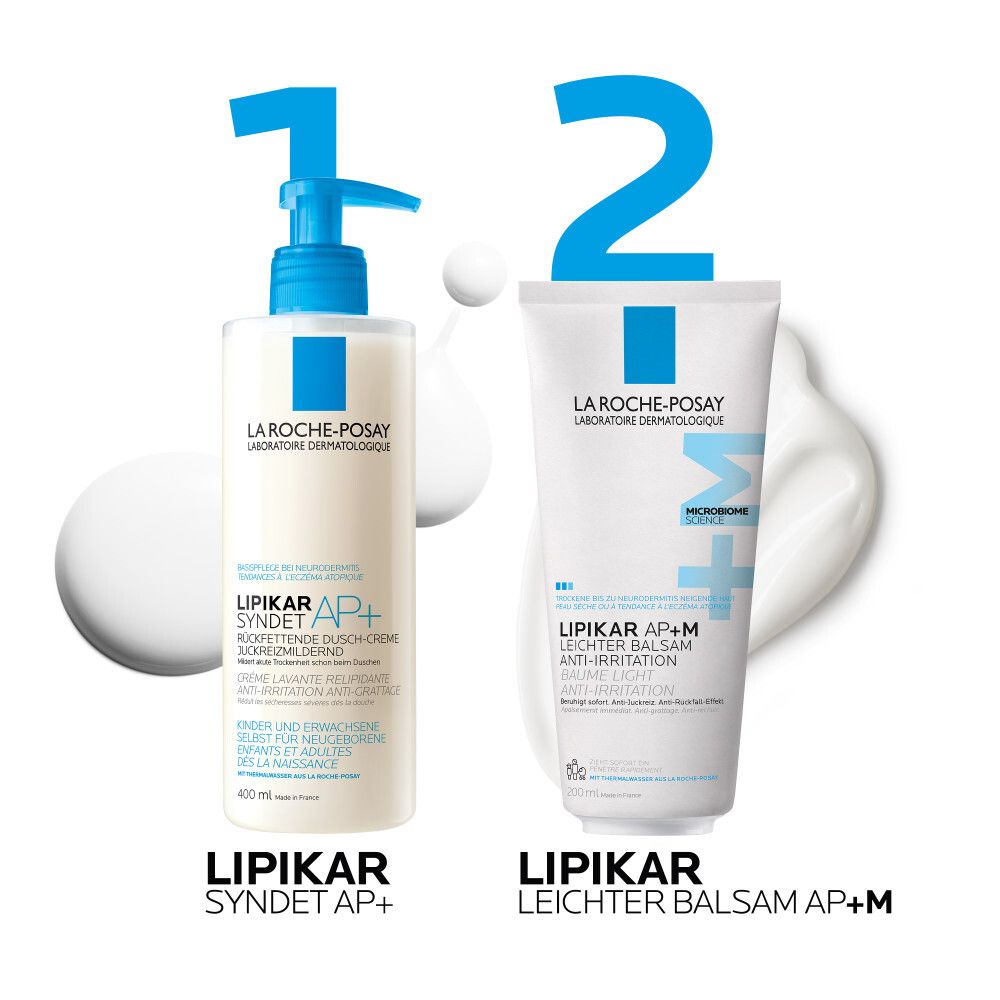 Deux produits : La Roche-Posay Lipikar Syndet AP+ et La Roche-Posay Lipikar Leichter Balsam AP+M. 400ml et 200ml.