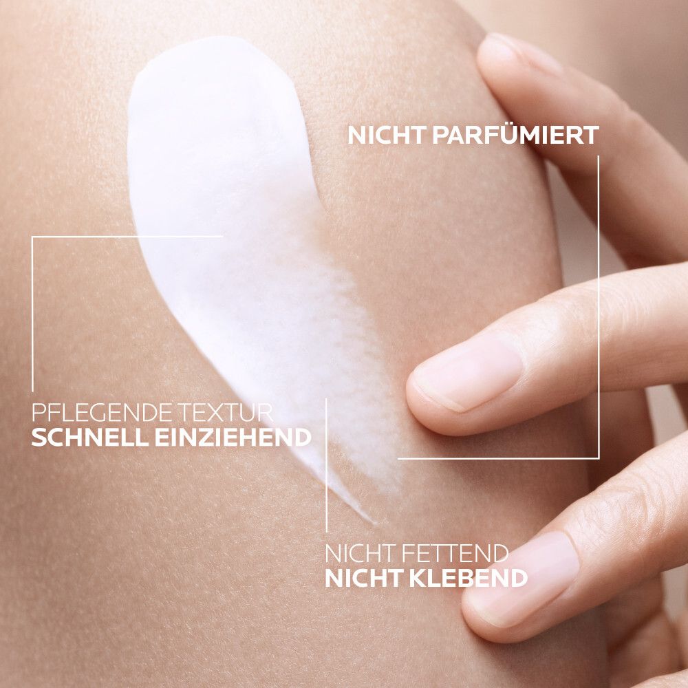 Main sur la peau, application de crème. Texte : Non parfumé, texture nourrissante, absorption rapide, non gras, non collant.