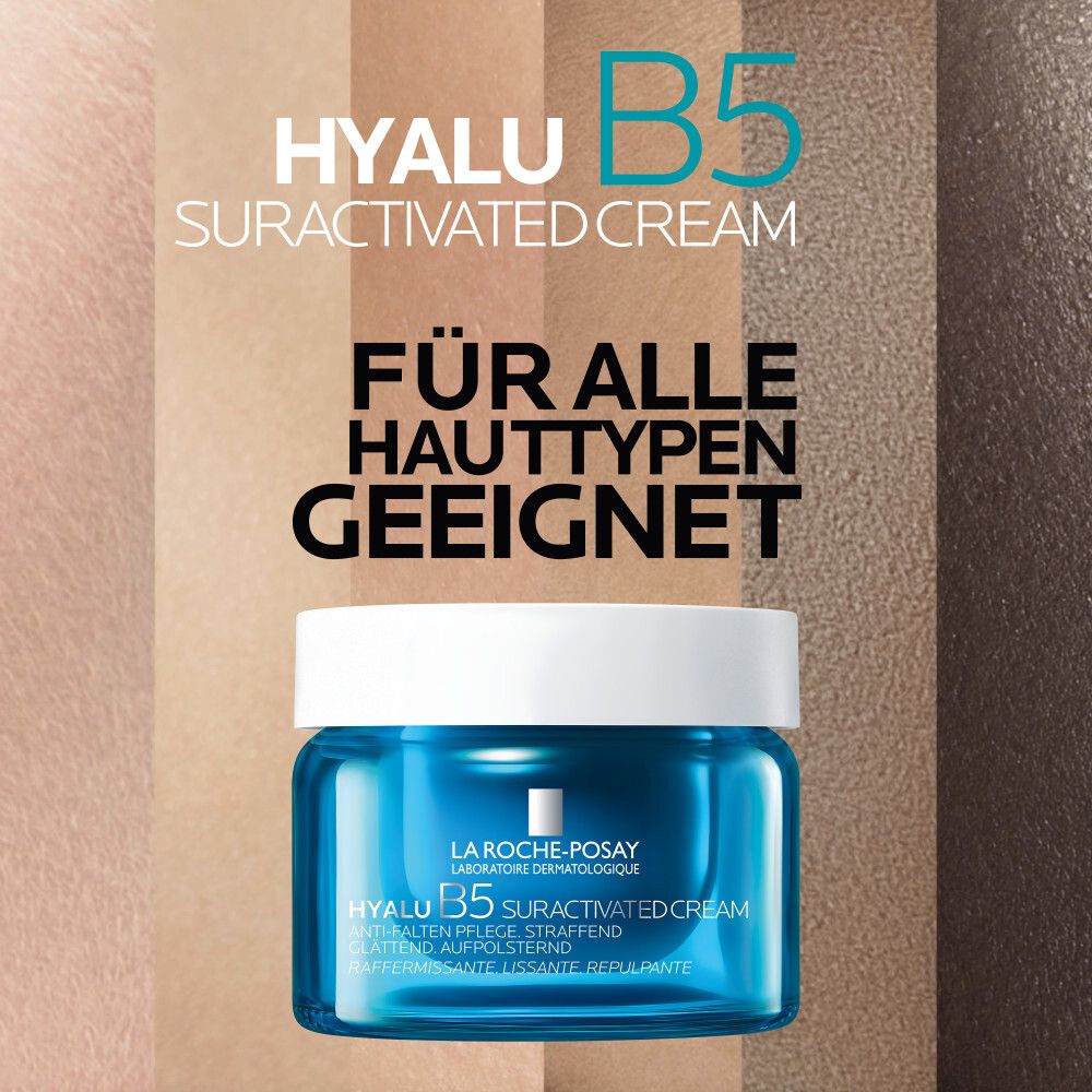 Tiegel mit Creme. Text: Für alle Hauttypen geeignet. Hintergrund mit Hauttönen.