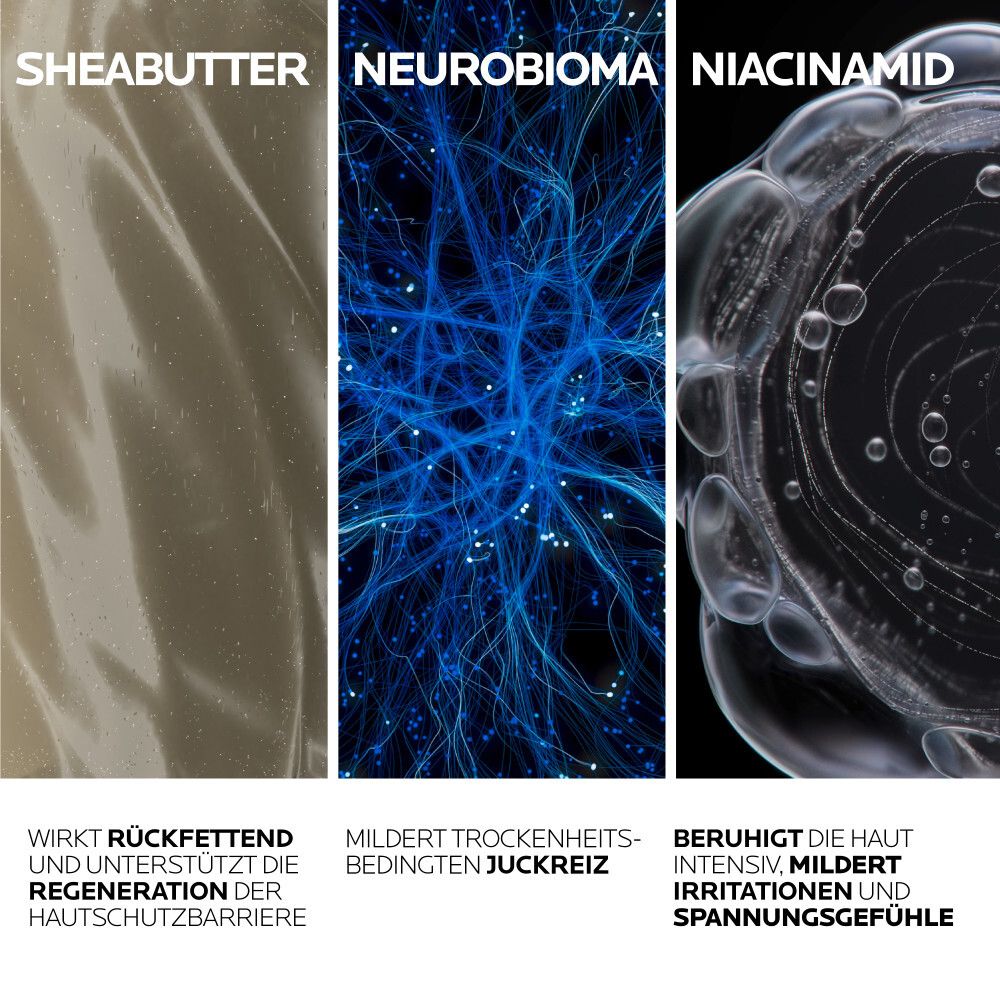 Gros plan sur les ingrédients : Beurre de karité, Neurobioma, Niacinamide. Textes décrivent les propriétés.