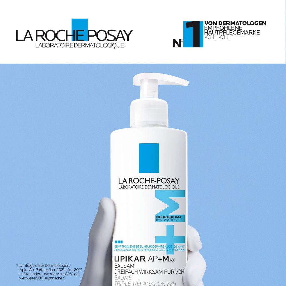 Flacon La Roche-Posay Lipikar Balsam AP+M. Texte : Marque de soins de la peau recommandée par les dermatologues dans le monde.