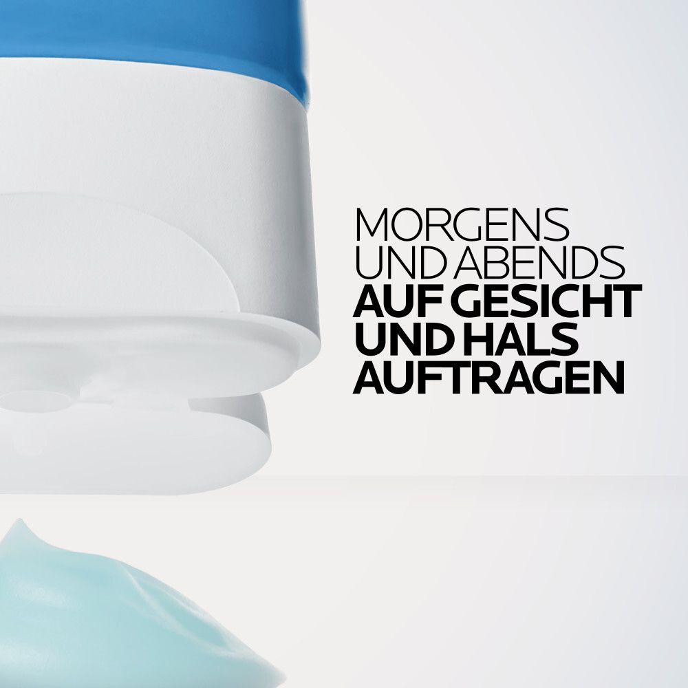 Produkt-Tube. Anwendung: Morgens und abends auf Gesicht und Hals auftragen. Produktabbildung.