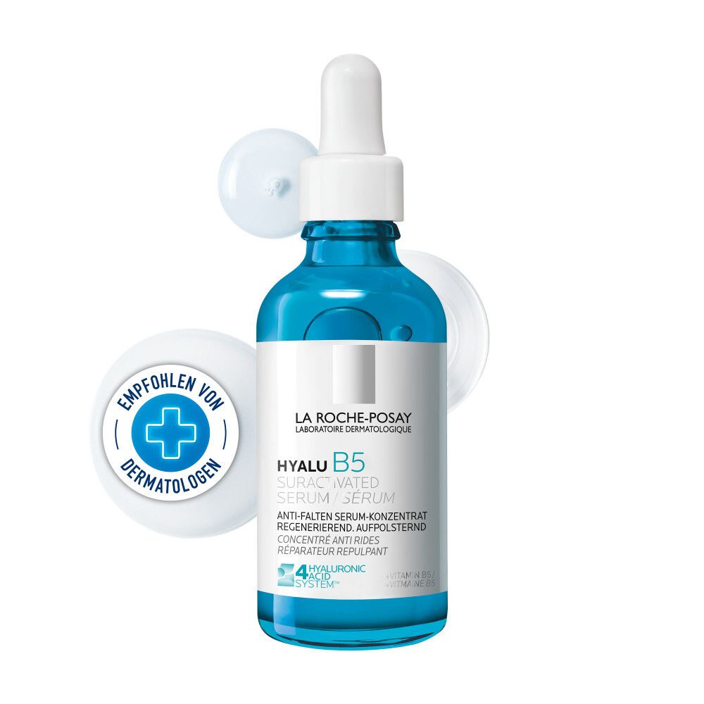 Blaue Flasche mit Serum. Aufschrift: Hyalu B5 Suractivated Serum. Mit Dermatologen empfohlen.