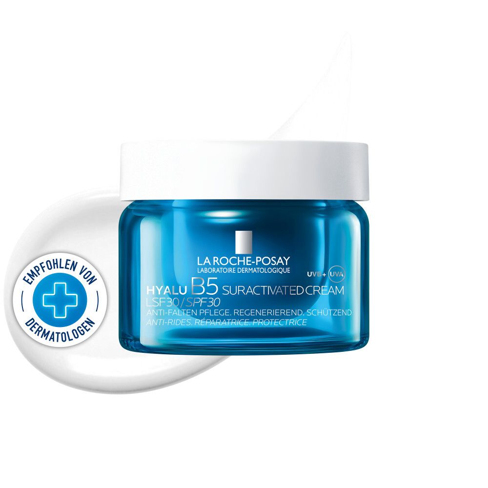 Pot de crème bleu avec couvercle blanc. Texte: La Roche-Posay, Hyalu B5 Crème Suractivée SPF 30. Recommandé par les dermatologues.
