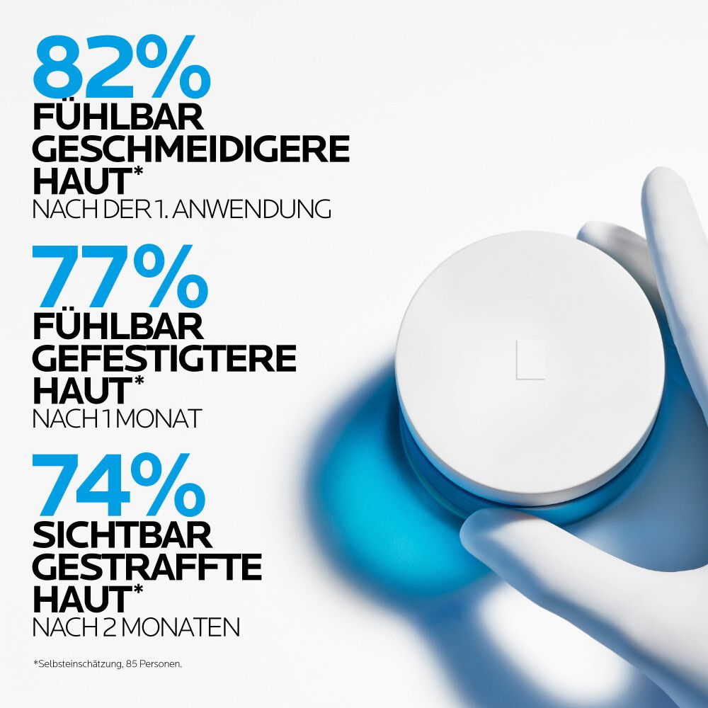 Texte: 82% peau plus lisse dès la 1ère application. 77% peau plus ferme après 1 mois. 74% peau visiblement raffermie après 2 mois.