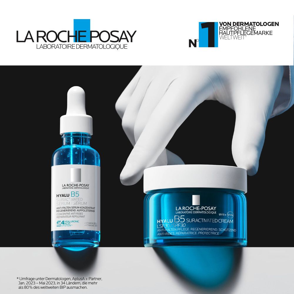 Produits La Roche-Posay: Sérum et crème Hyalu B5. Main avec pot de crème. Texte: Recommandé par les dermatologues. Dans le monde.
