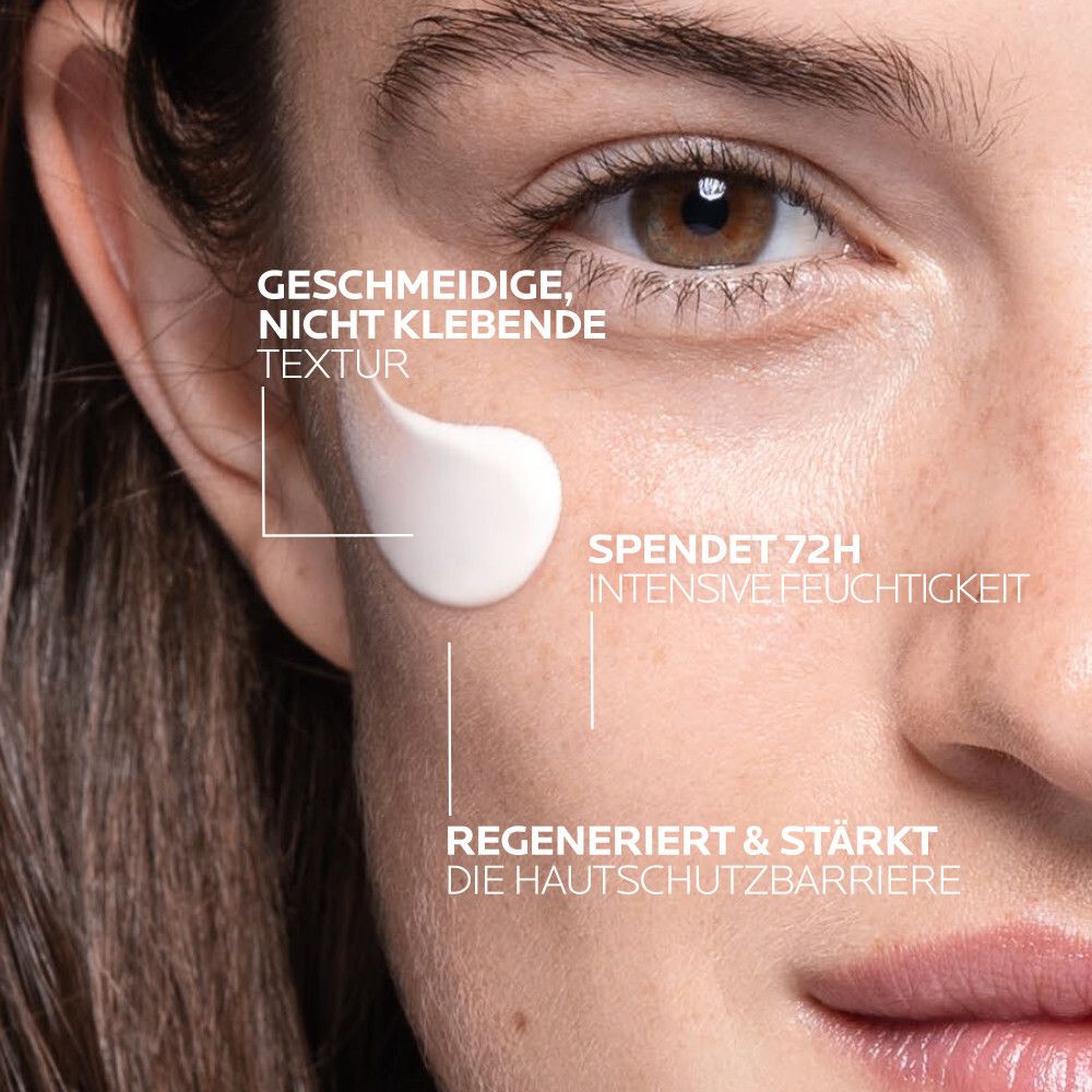 Visage d'une femme. Application de crème. Texte: Texture lisse, non collante. Hydrate 72h. Régénère et renforce.