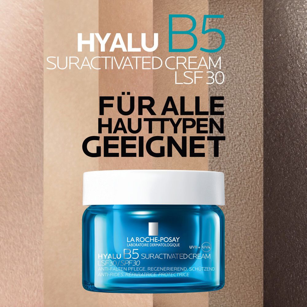 Pot de crème. Texte: Hyalu B5 Crème Suractivée SPF 30. Convient à tous les types de peau.