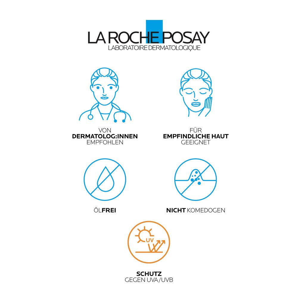 Logo La Roche-Posay. Texte: Recommandé par les dermatologues. Convient aux peaux sensibles. Sans huile. Non comédogène. Protection UVA/UVB.
