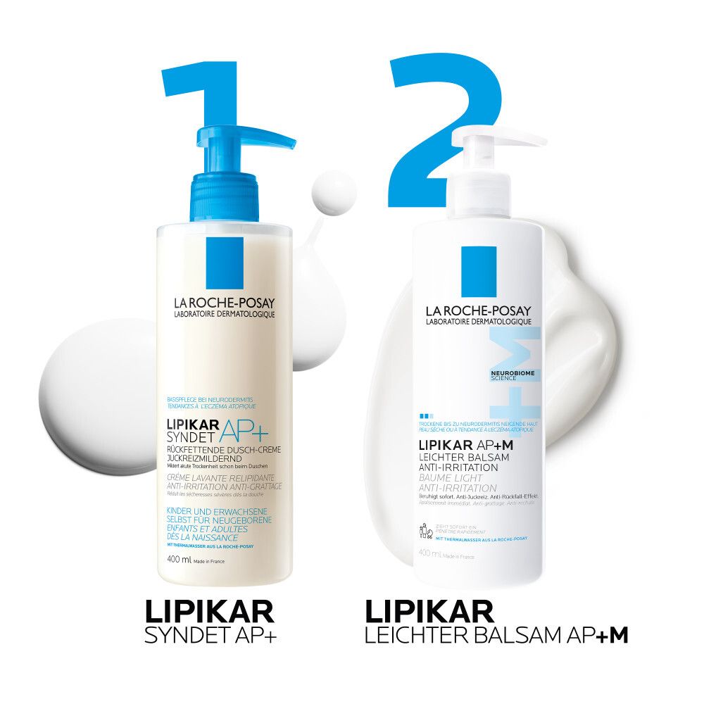 Deux produits: Lipikar Syndet AP+ et Lipikar Baume léger AP+M. Les deux avec pompe. Texte sur les flacons.