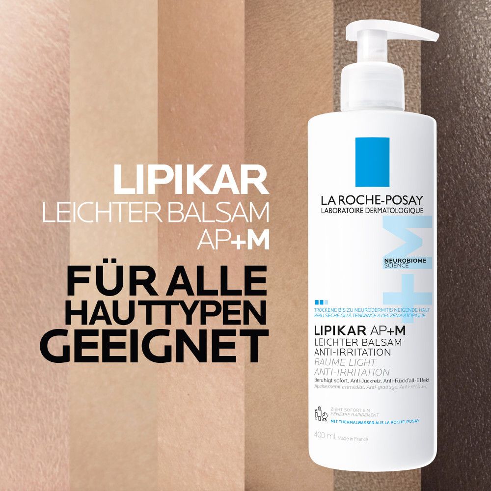 La Roche-Posay Lipikar Baume léger AP+M. Texte: Convient à tous les types de peau. Différents tons de peau en arrière-plan.