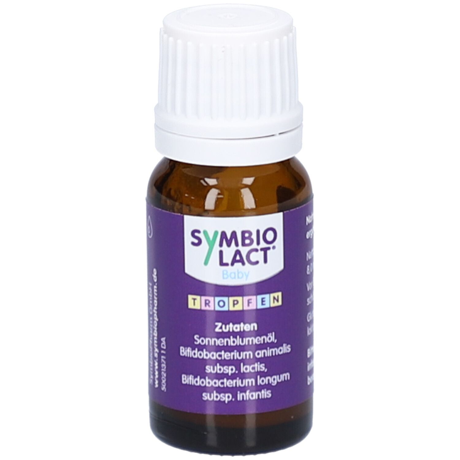 Flacon en verre brun avec bouchon blanc. Étiquette violette avec nom du produit et ingrédients. Gouttes.