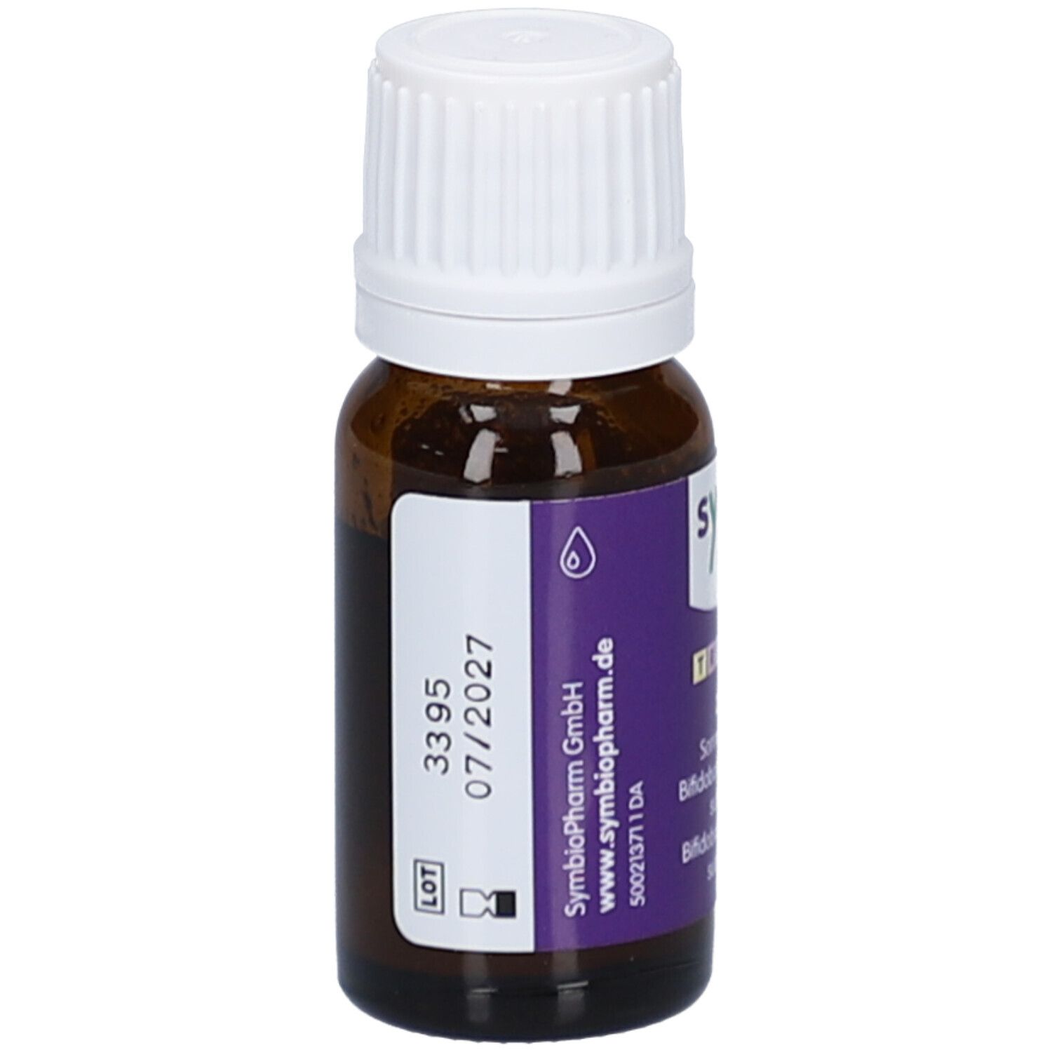 Flacon en verre brun avec bouchon blanc. Étiquette violette avec numéro de lot et date de péremption. Gouttes.