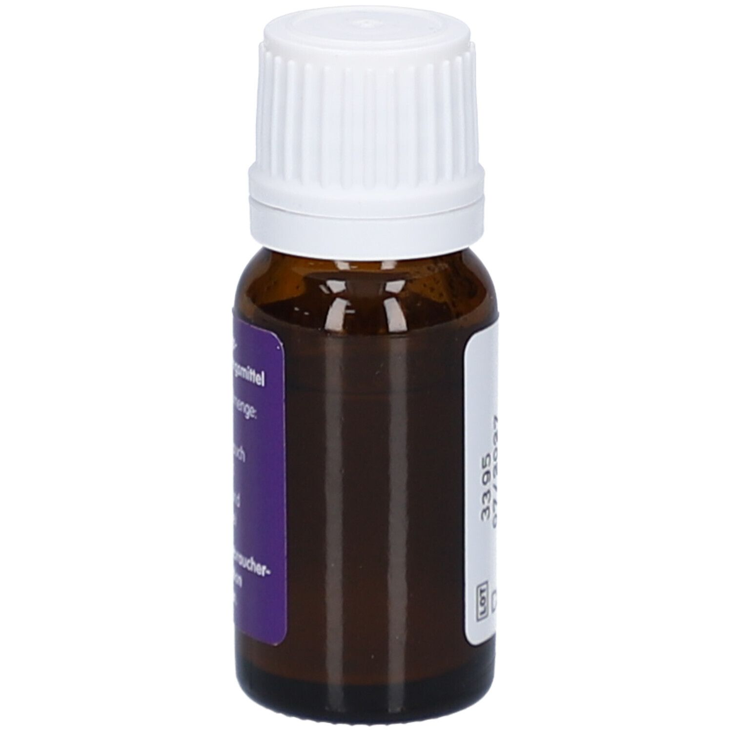 Flacon en verre brun avec bouchon blanc. Étiquette violette avec informations sur le produit. Gouttes.