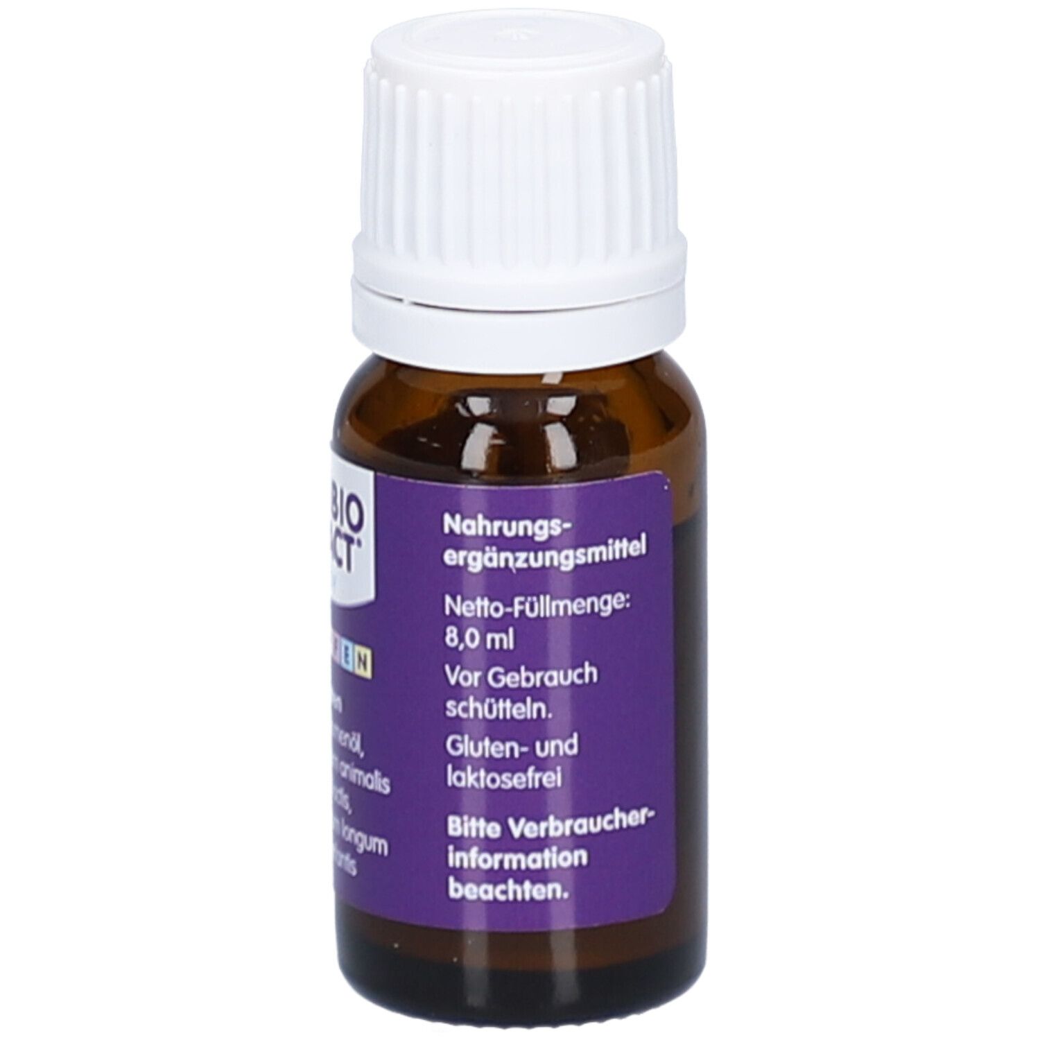 Flacon en verre brun avec bouchon blanc. Étiquette violette avec informations et volume net. Gouttes.