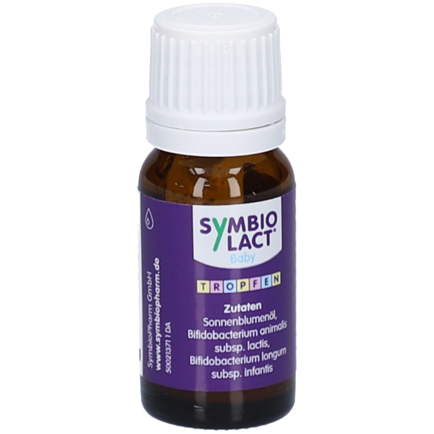 Flacon en verre brun avec bouchon blanc. Étiquette violette avec nom et ingrédients. Gouttes.