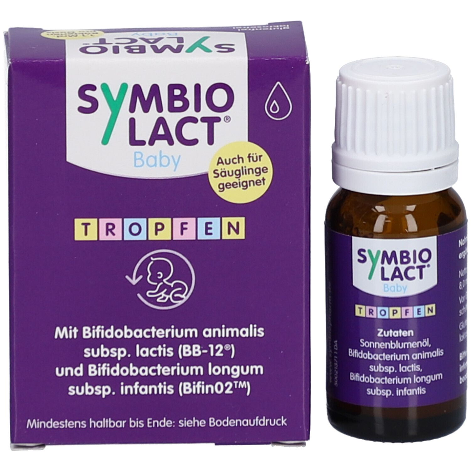 Emballage et flacon. Boîte violette et flacon brun avec bouchon blanc. Gouttes.