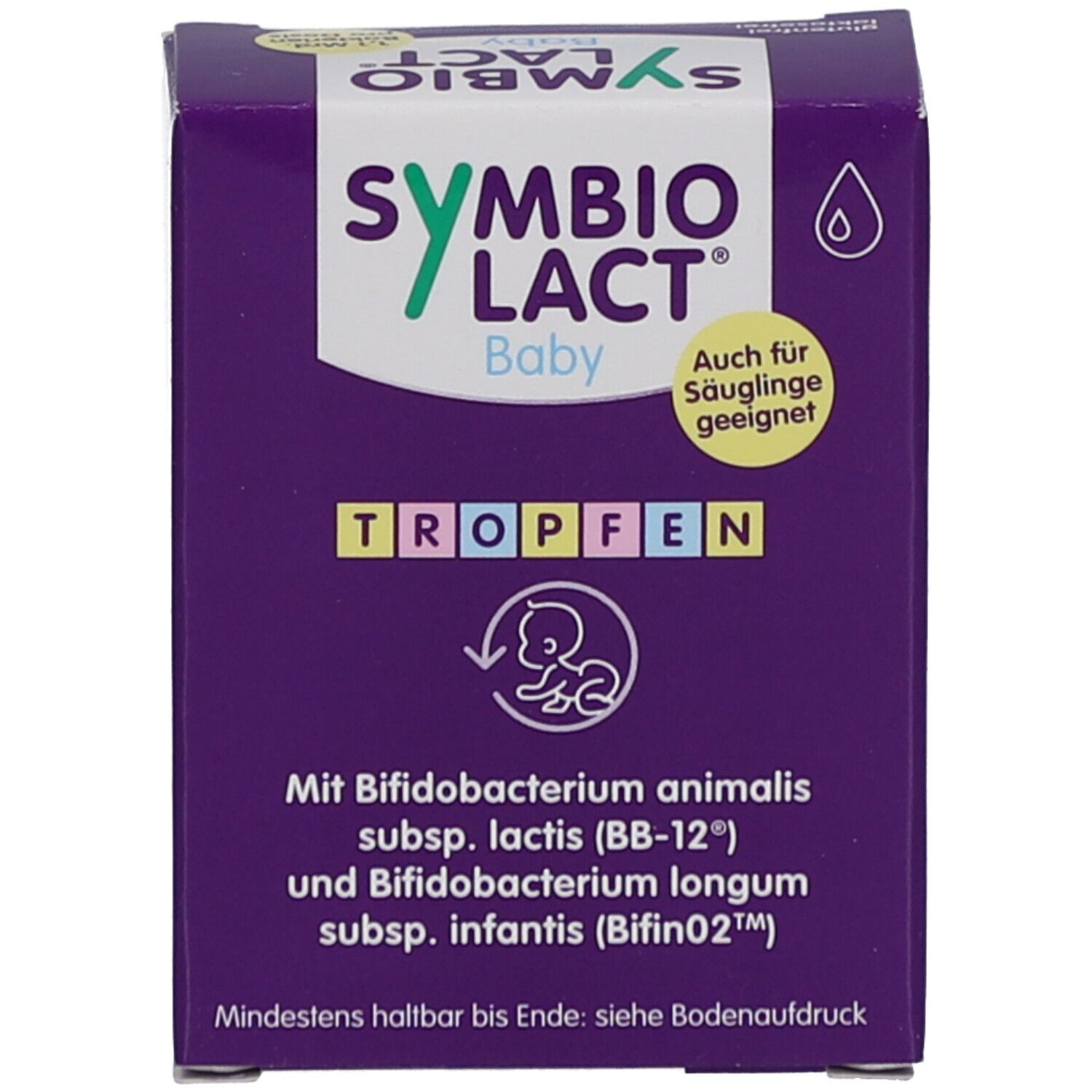 Emballage du produit. Boîte violette avec nom et informations. Gouttes.