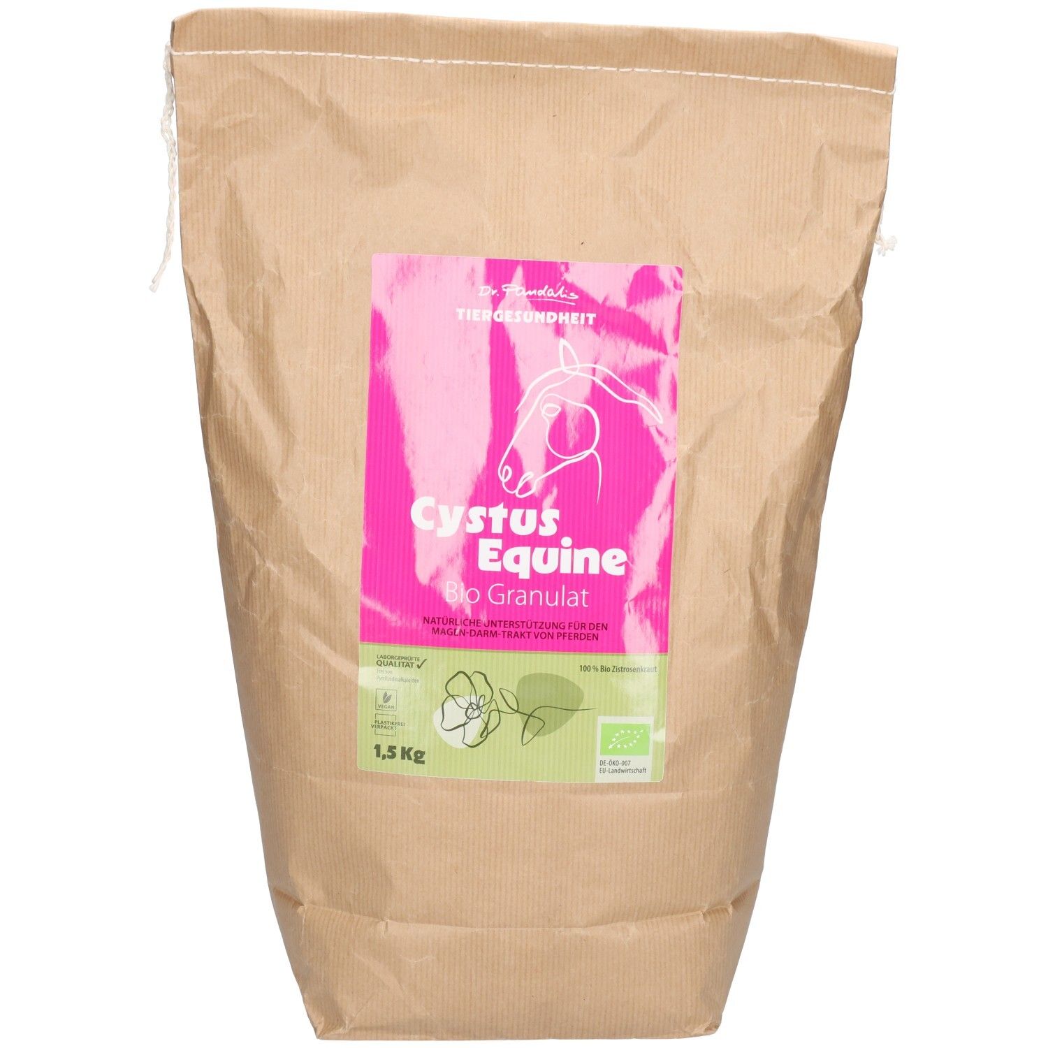 Braune Papiertüte mit rosa Etikett. Enthält CYSTUS Equine Bio Granulat für Pferde. 1,5 kg.