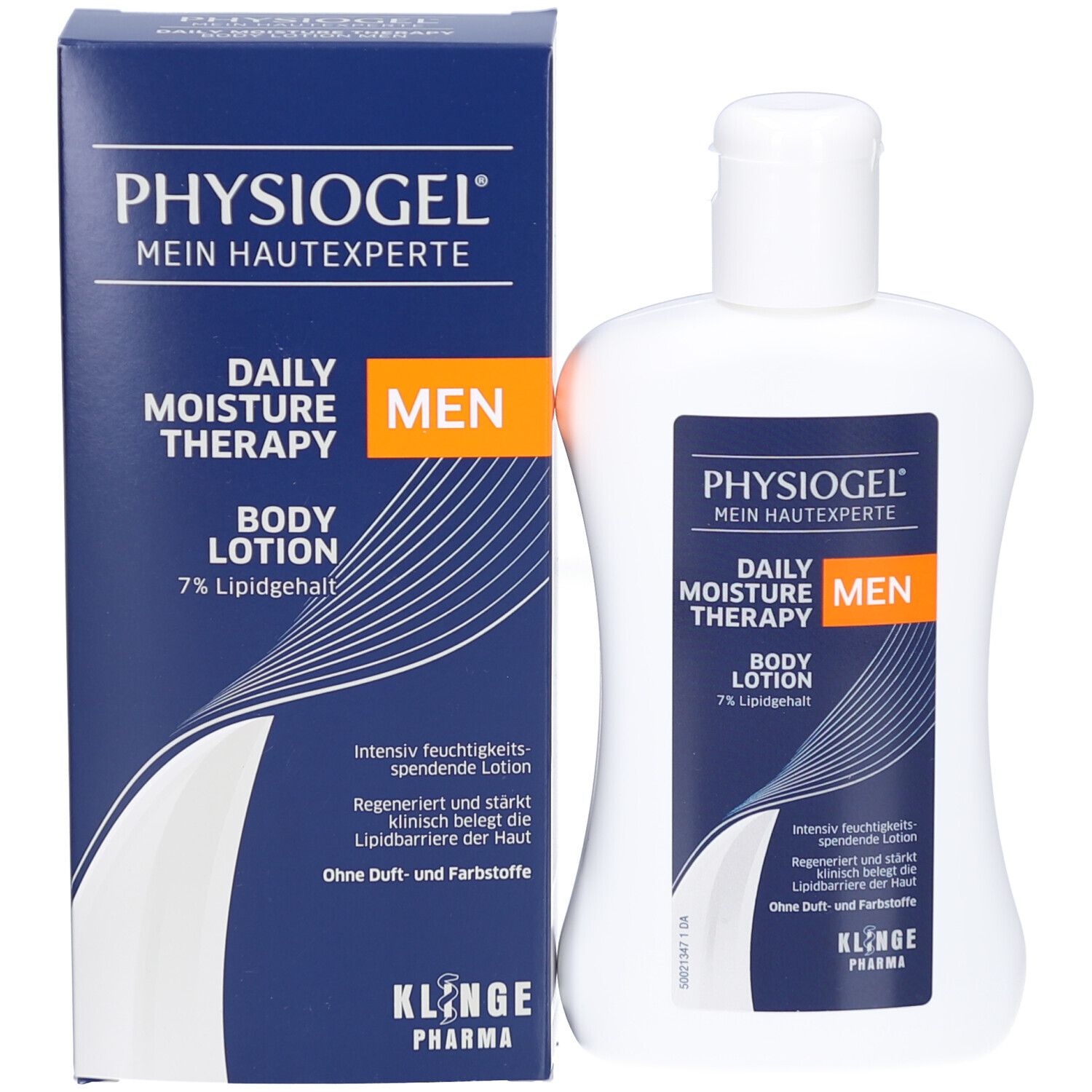 PHYSIOGEL® Daily Moisture Therapy MEN Body Lotion und Verpackung. Blaue und weiße Verpackung. Flasche daneben.