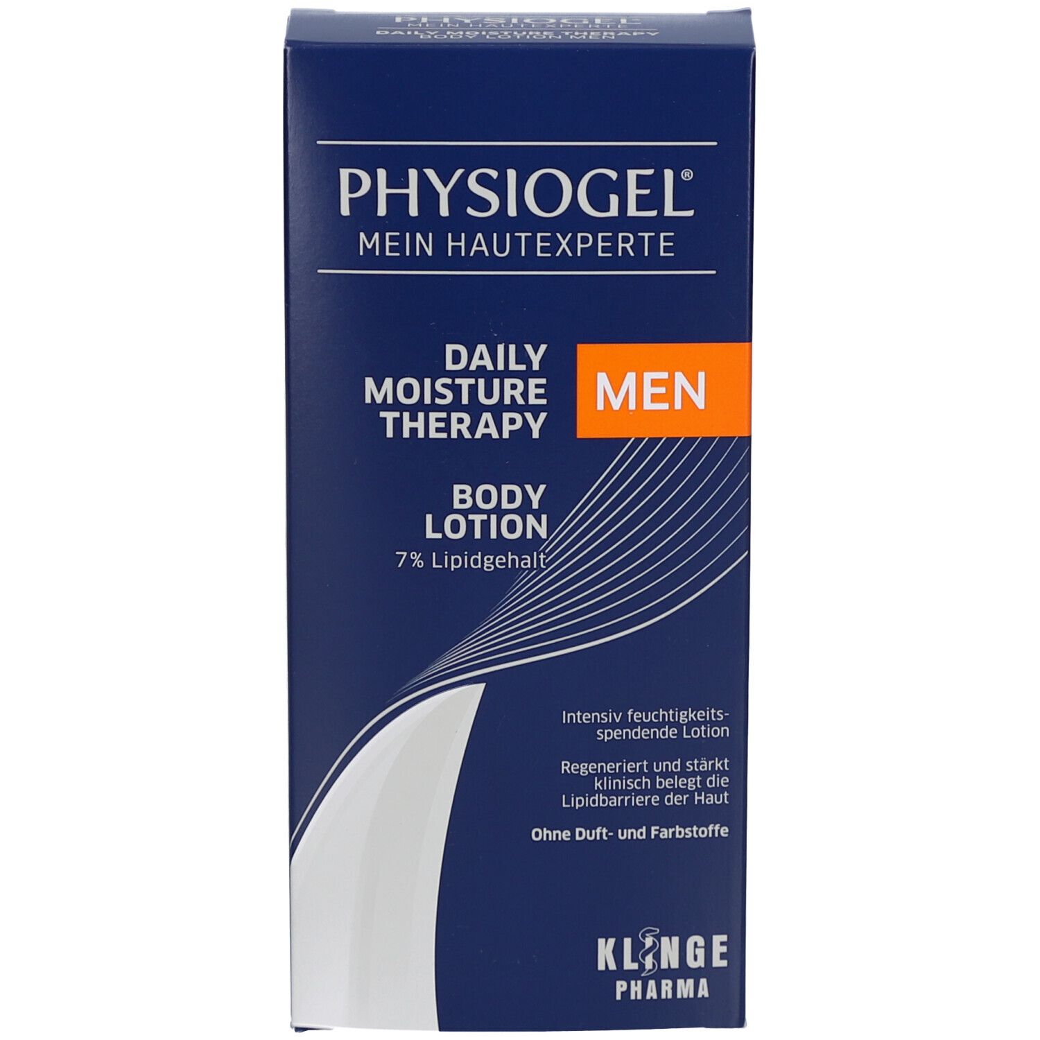 Blaue Verpackung PHYSIOGEL® Daily Moisture Therapy MEN Body Lotion. Produktname und Informationen auf der Vorderseite.