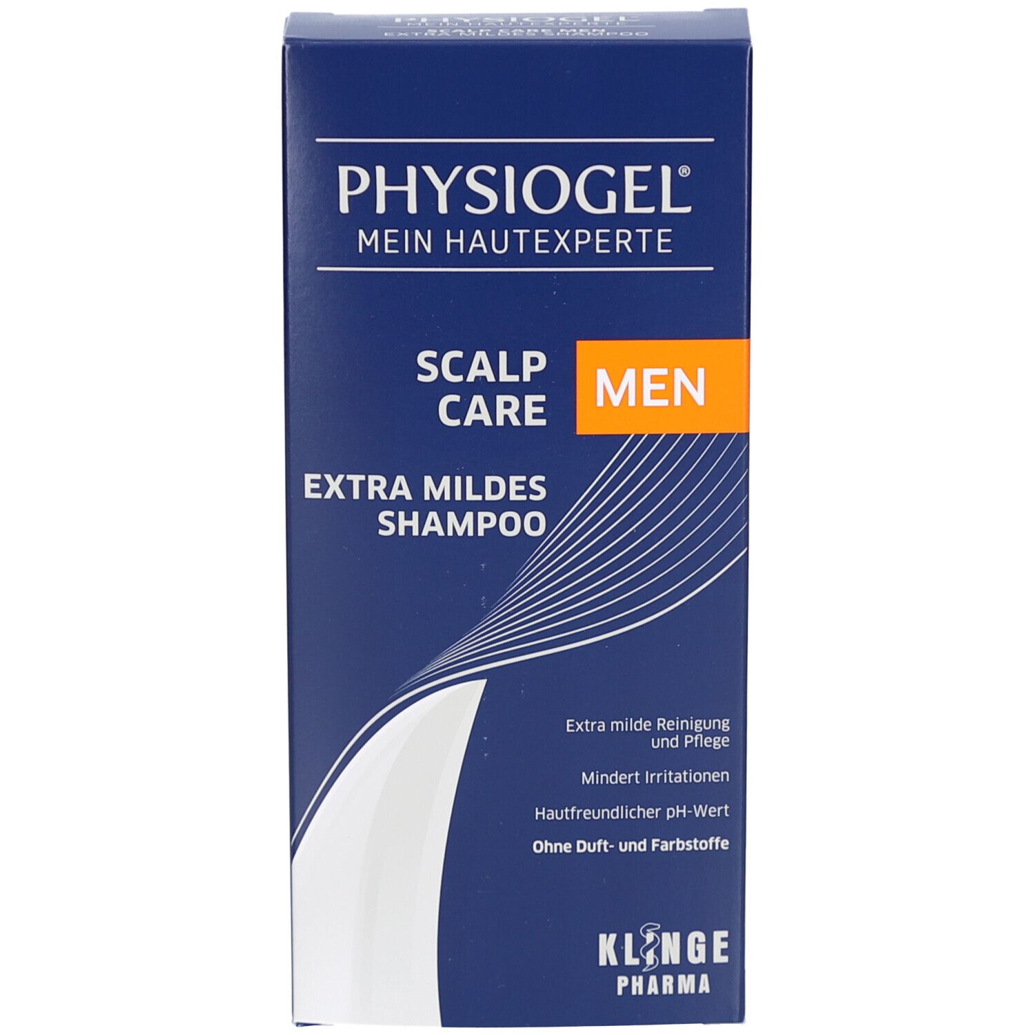 Emballage bleu avec texte blanc. Inscription : PHYSIOGEL, SCALP CARE MEN, Extra Mildes Shampoo. Accent orange.