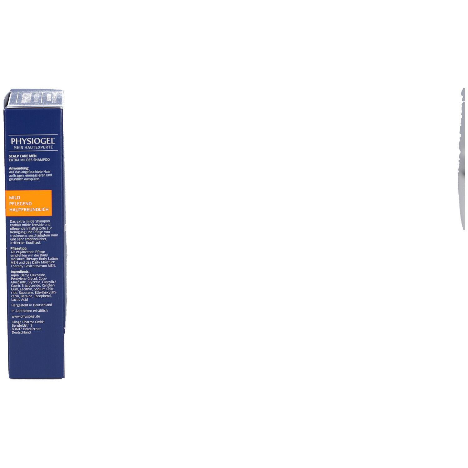 Emballage bleu, vue latérale. Texte en allemand. Inscription : PHYSIOGEL, SCALP CARE MEN, Extra Mildes Shampoo.