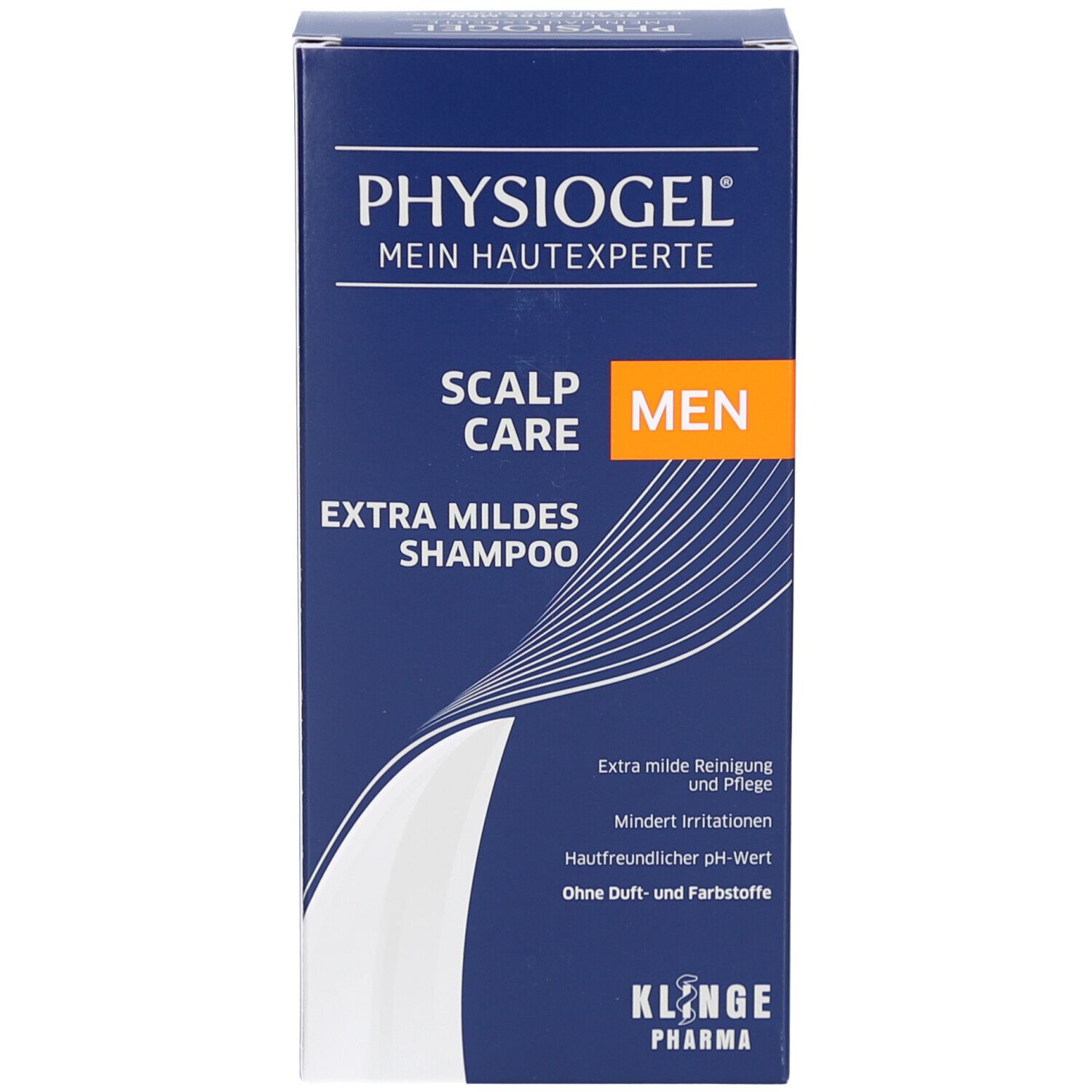 Emballage bleu avec texte blanc. Inscription : PHYSIOGEL, SCALP CARE MEN, Extra Mildes Shampoo. Accent orange.