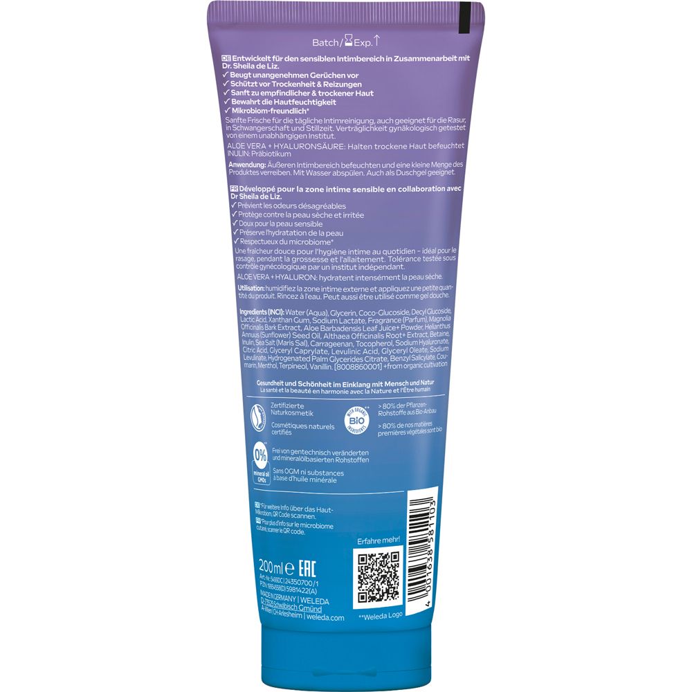 Rückseite der Weleda Vlora+ pH Balancing Wash Tube. Text: Inhaltsstoffe, Anwendung, Zertifizierungen. 200ml. QR-Code.