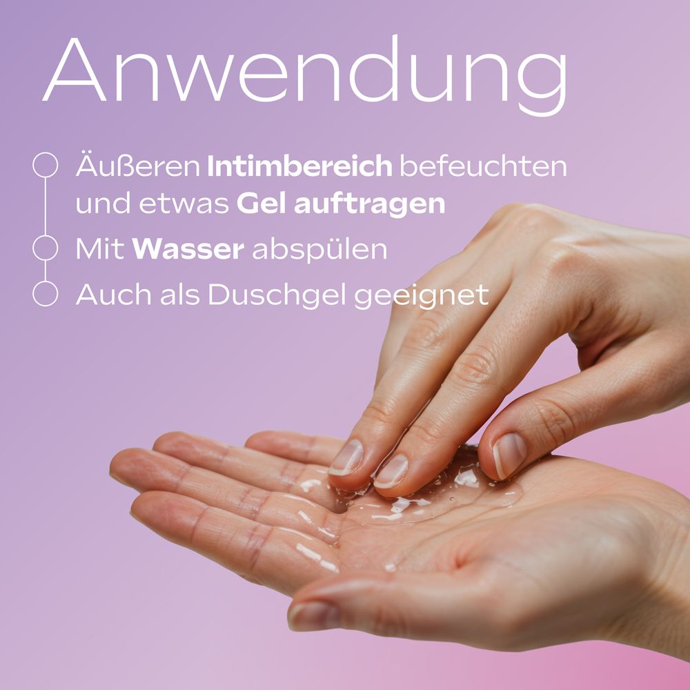 Hände mit Gel. Text: Anwendung: Äußeren Intimbereich befeuchten, Gel auftragen, mit Wasser abspülen. Auch als Duschgel geeignet.