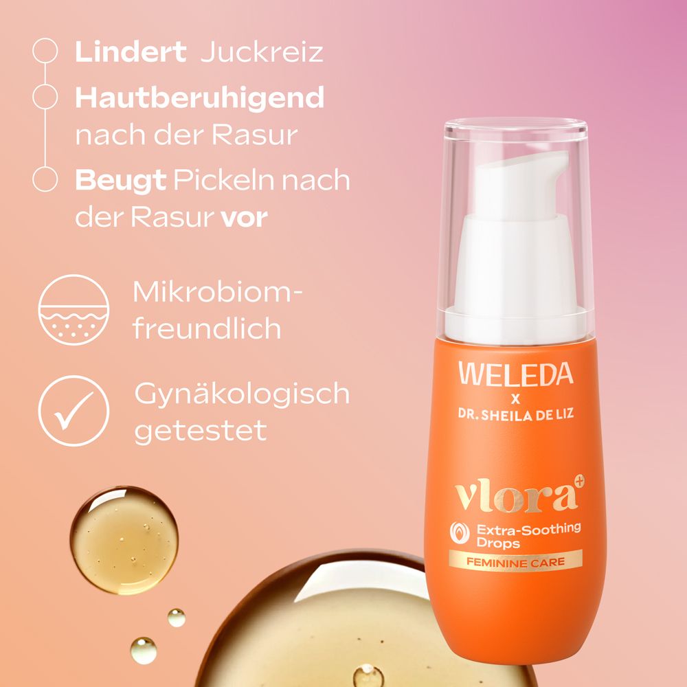 Weleda Vlora+ Extra-Soothing Drops. Orange Flasche mit Pumpe. Text: Lindert Juckreiz, beruhigt nach Rasur, beugt Pickeln vor. Gynäkologisch getestet.