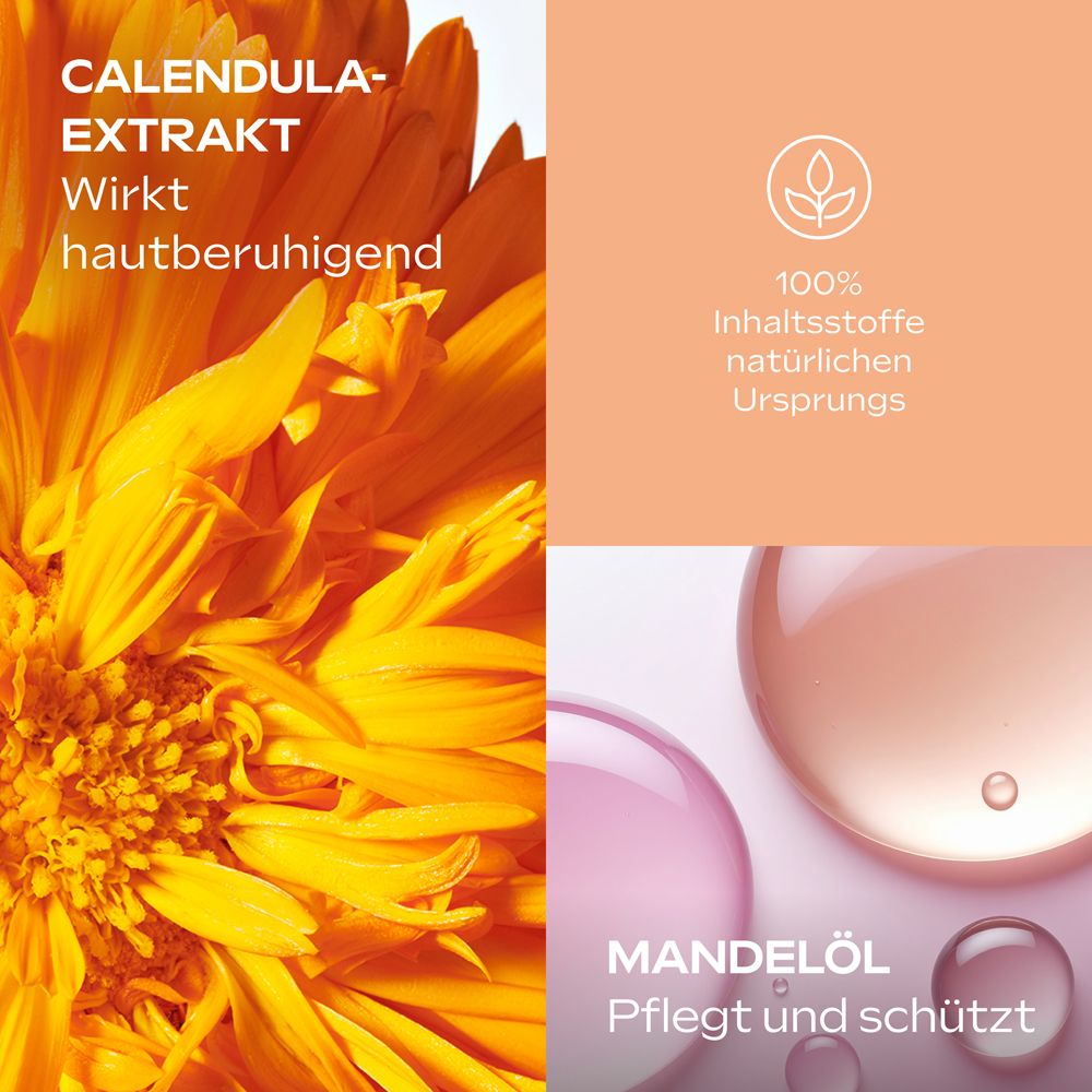 Blüten und Tropfen. Text: Calendula-Extrakt wirkt hautberuhigend. 100% Inhaltsstoffe natürlichen Ursprungs. Mandelöl pflegt und schützt.