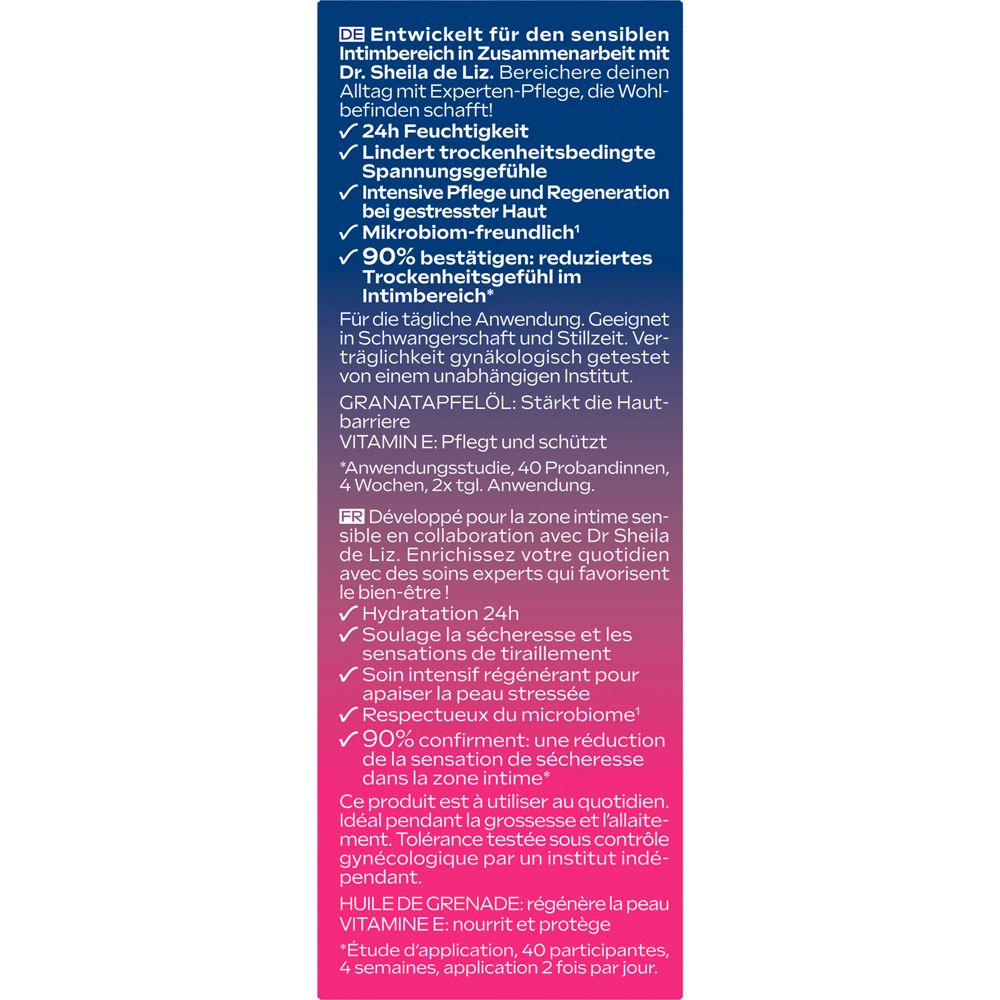 Boîte avec texte. Contient des informations sur le produit, comme 24h d'hydratation et les ingrédients.