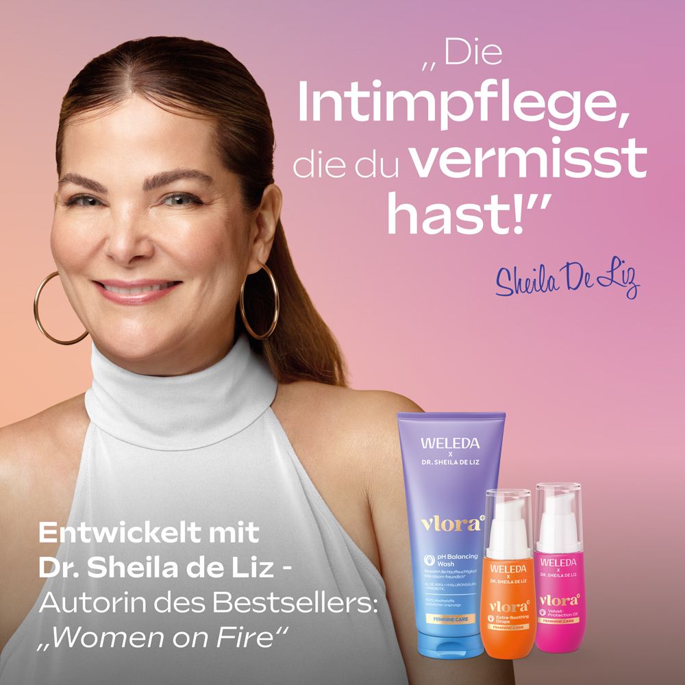 Femme avec produit. Produits Weleda Vlora+ et auteur Dr. Sheila De Liz. Fond rose.