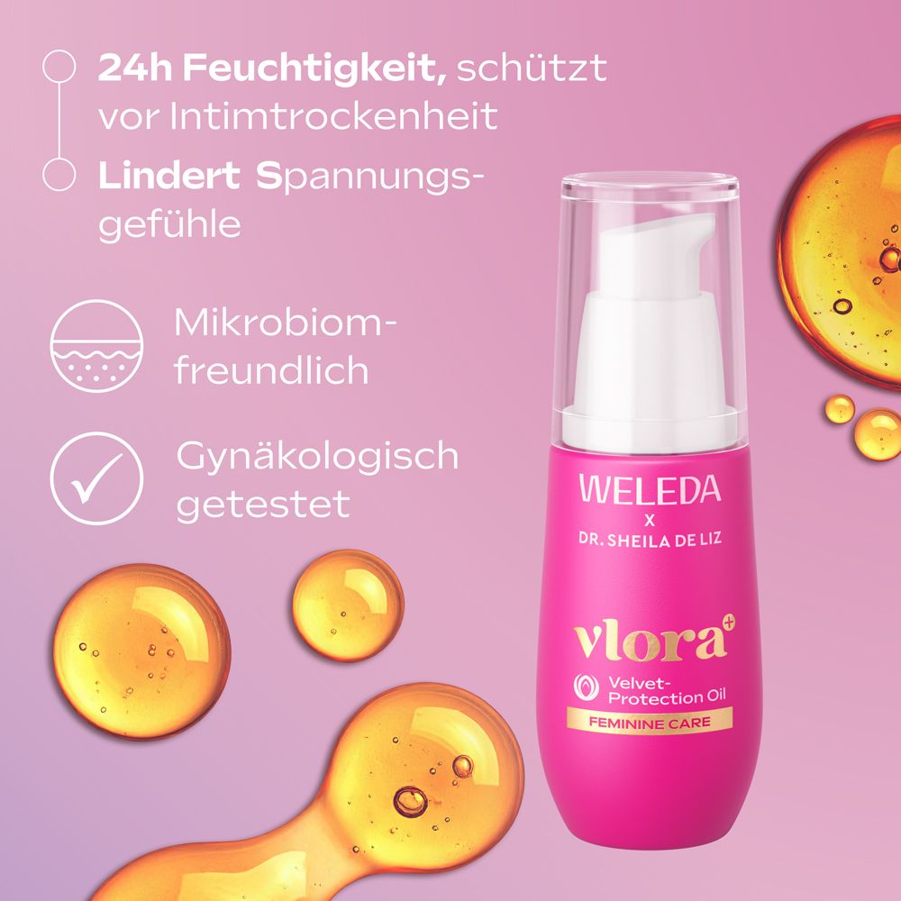 Flacon de produit avec gouttes. Weleda Vlora+ Velvet Protection Oil. Informations et icônes supplémentaires.