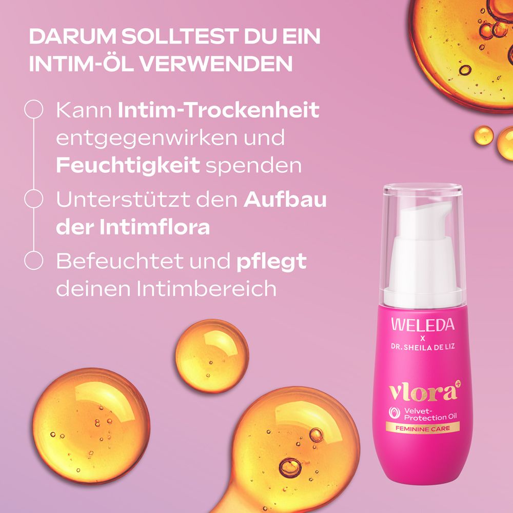 Flacon de produit avec gouttes. Weleda Vlora+ Velvet Protection Oil. Informations et icônes supplémentaires.